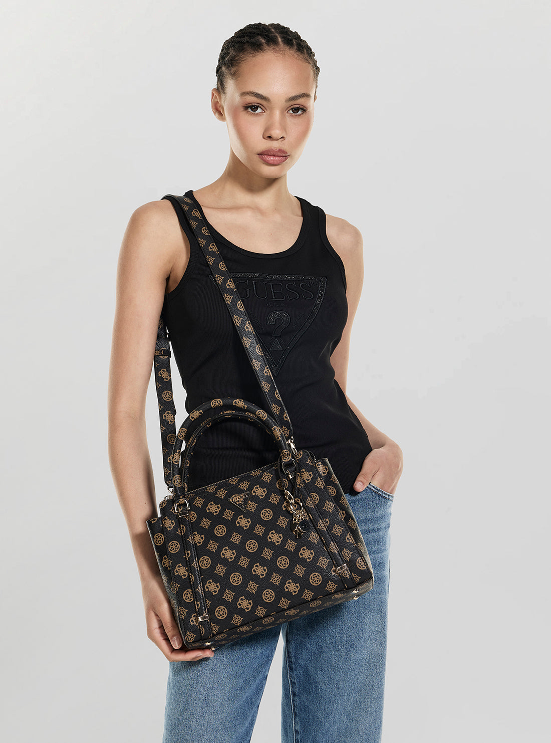 GUESS Womens Brown Logo Daryna Compartment Satchel Bag PG949306 Model View
