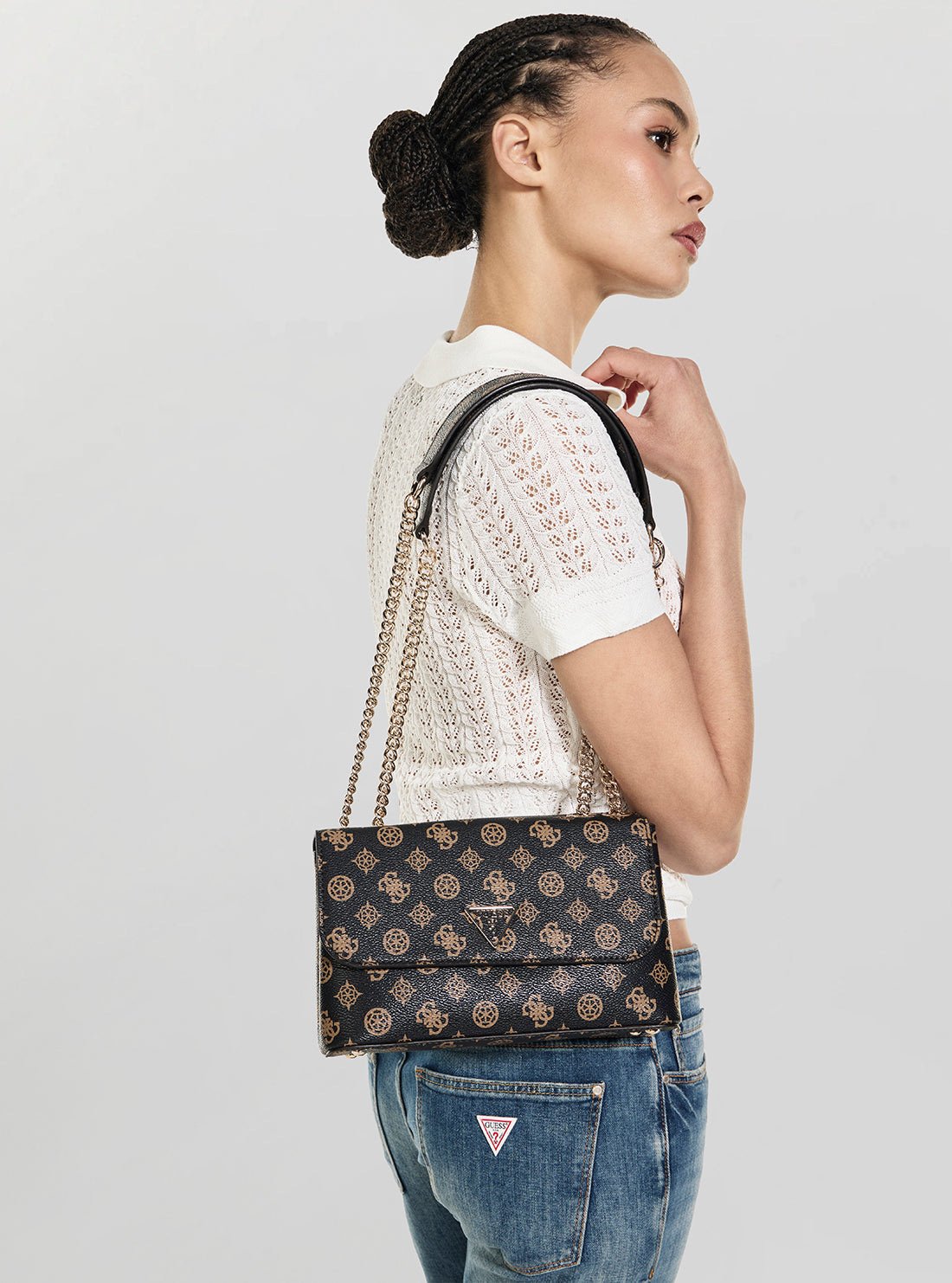 GUESS Womens Brown Logo Daryna Crossbody Bag PG949320 Model View