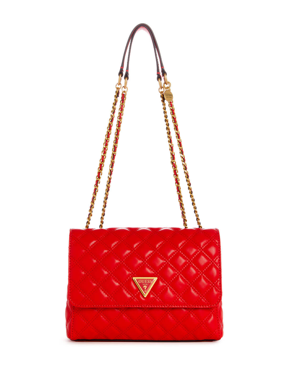 guess womens Red Quilted Giully Crossbody Bag front view