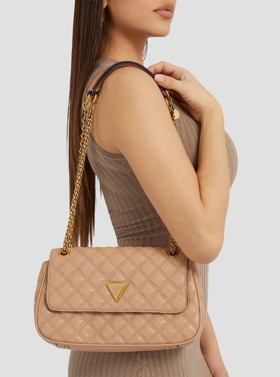 GUESS Womens Beige Giully Convertible Crossbody Flap Bag QA874821 Model View