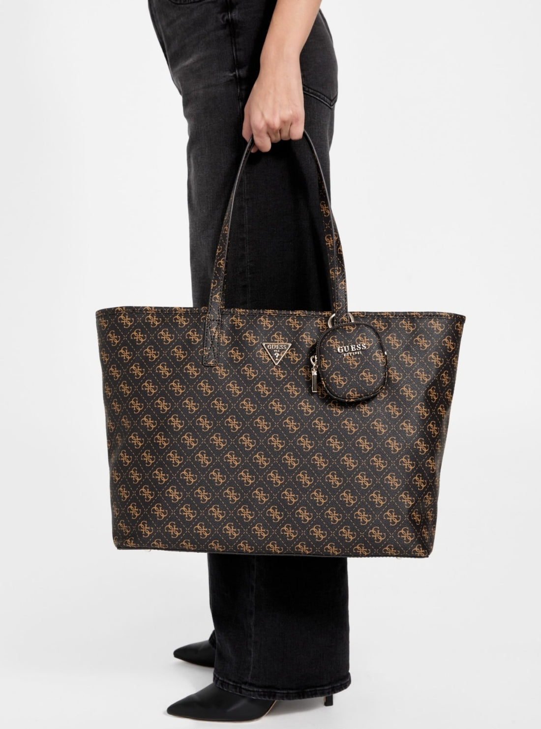 GUESS Womens Brown Logo Power Play Large Tech Tote QG712424 Model View