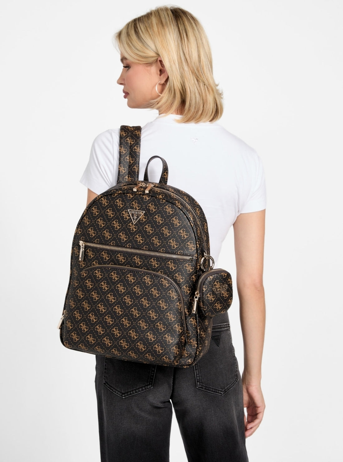 GUESS Womens Brown Logo Power Play Backpack QG712435 Model View