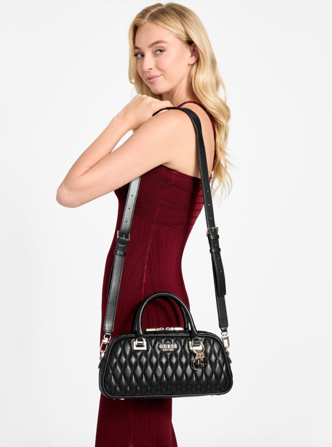 GUESS Womens Black Valla Small Satchel Bag QG812205 Model View