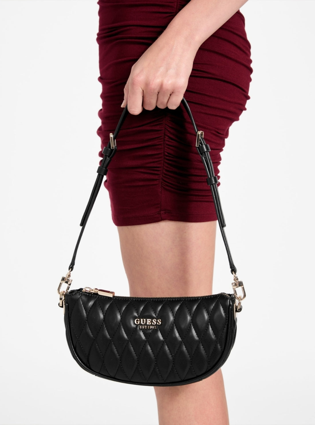 GUESS Womens Black Valla Mini Top Zip Shoulder Bag QG812272 Model View