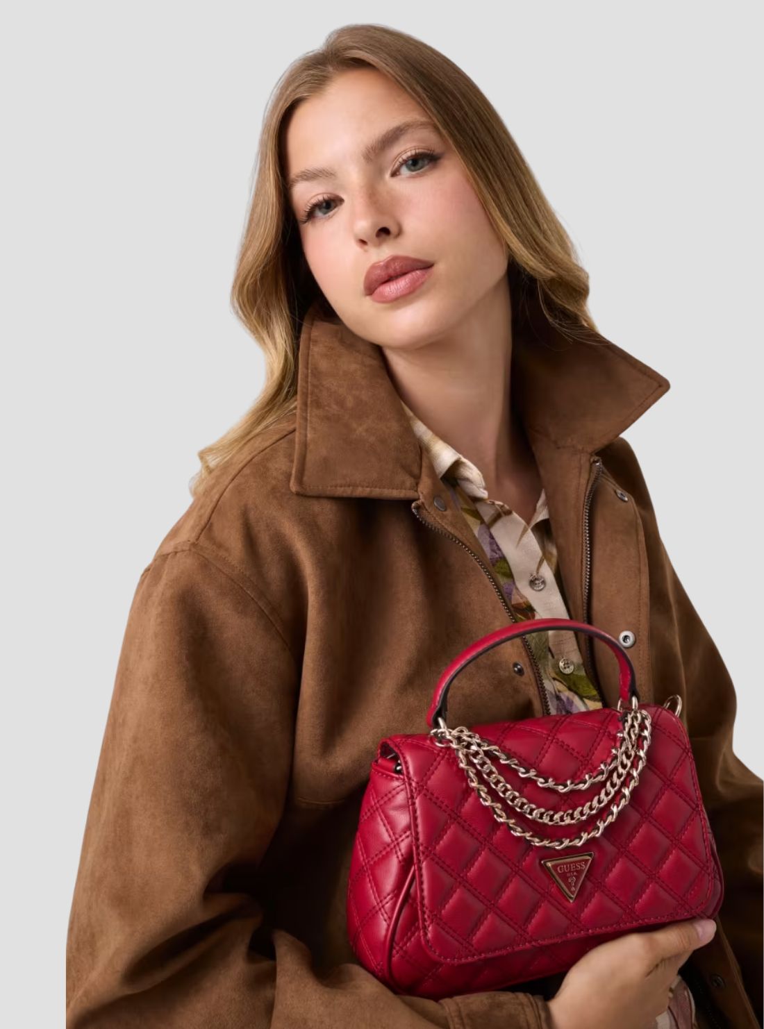 GUESS Womens Red Giully II Top Handle Flap Bag QG967319 Model View