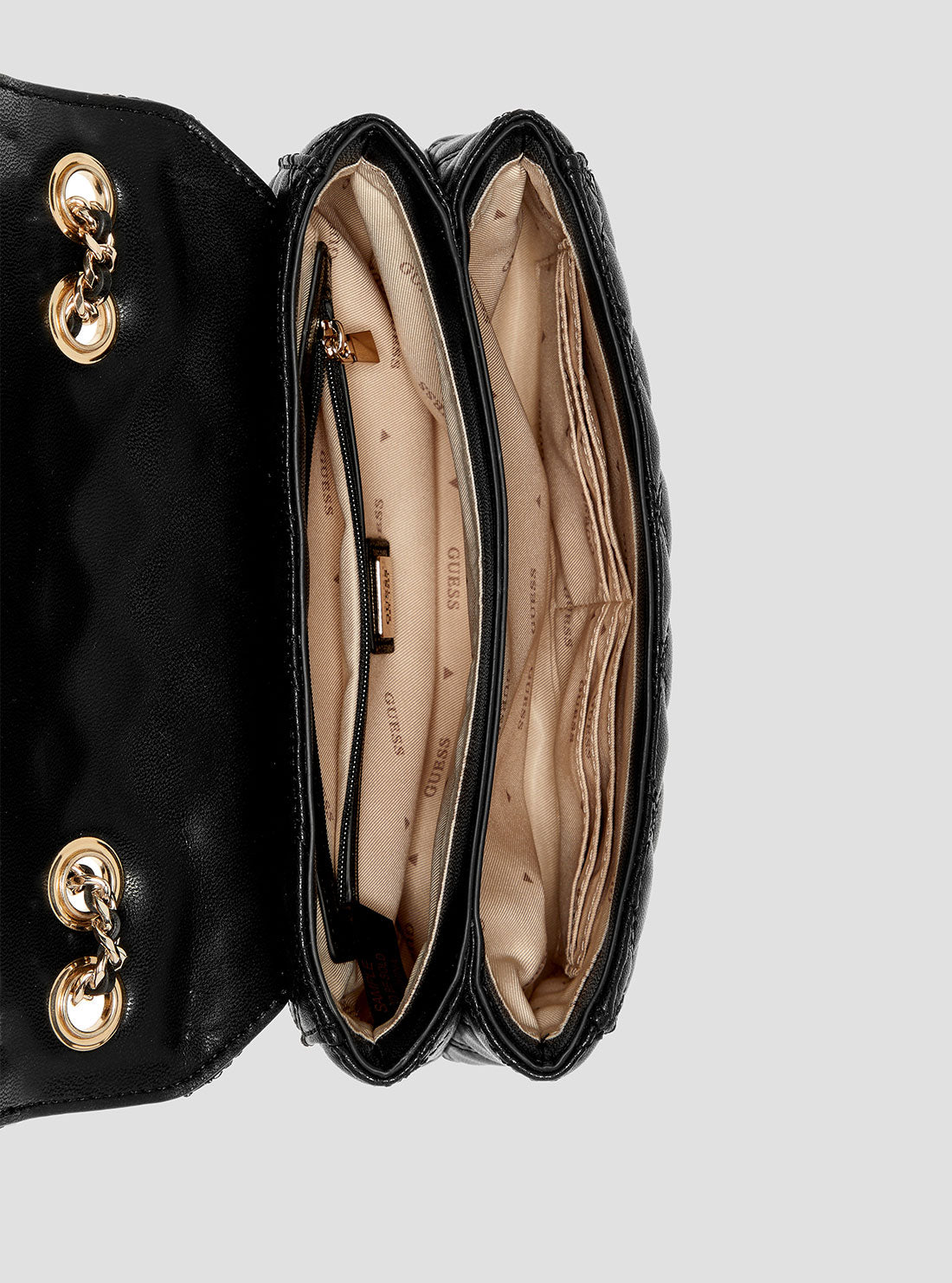 GUESS Womens Black Giully Compartment Convertible Flap Bag QG967320 Inside View