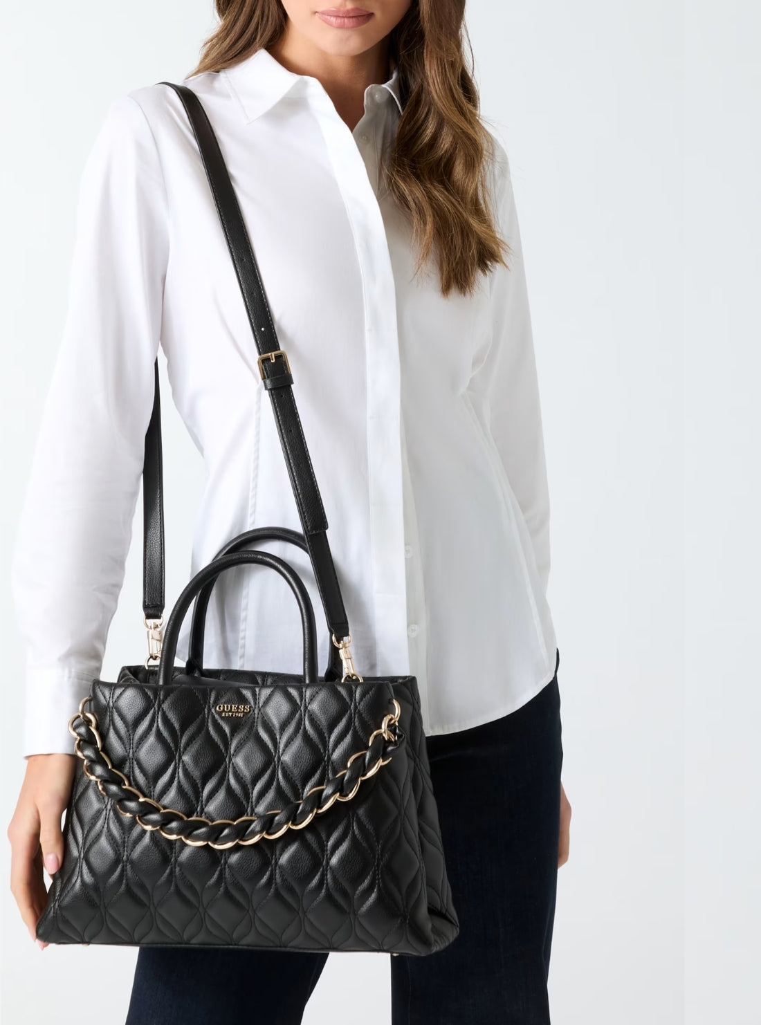 GUESS Womens Black Maxine Girlfriend Satchel Bag QG973306 Model View