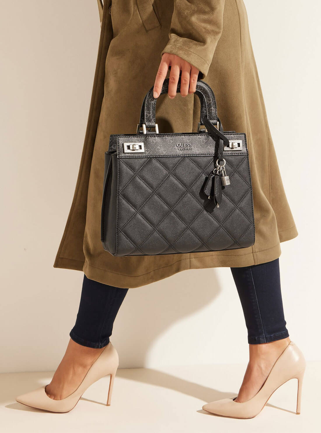 Black Katey Luxury Satchel Bag | GUESS Women's Handbags | model view