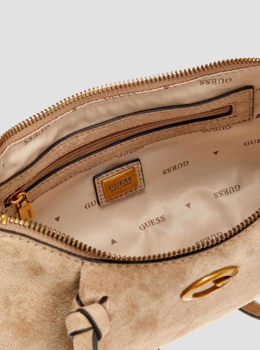 GUESS Womens Bone Allegra Shoulder Faux-Suede Crossbody Bag SB223717 Detail View