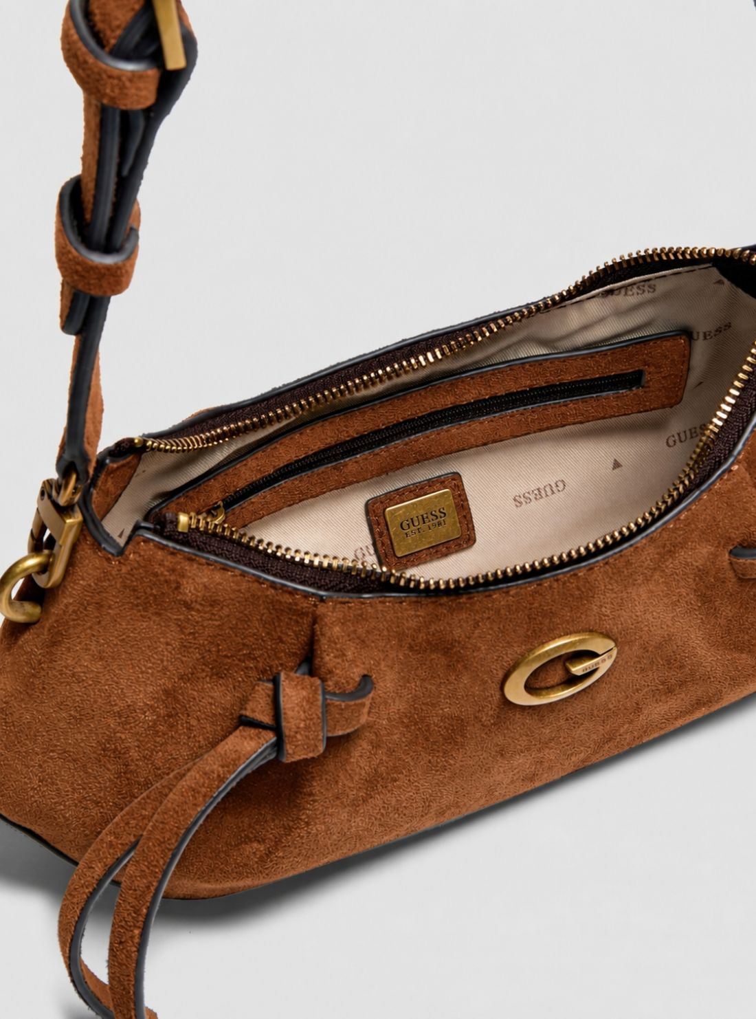 GUESS Womens Cognac Allegra Shoulder Faux-Suede Crossbody Bag SG223717 Inside View