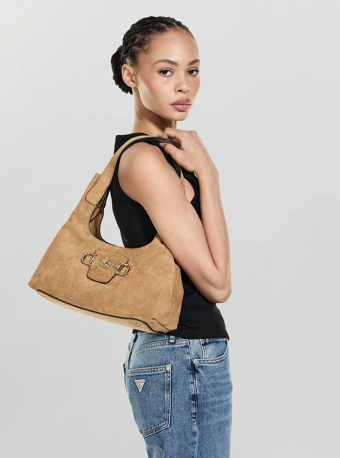 GUESS Womens Tan Sunset Small Hobo Bag SG231401 Model View