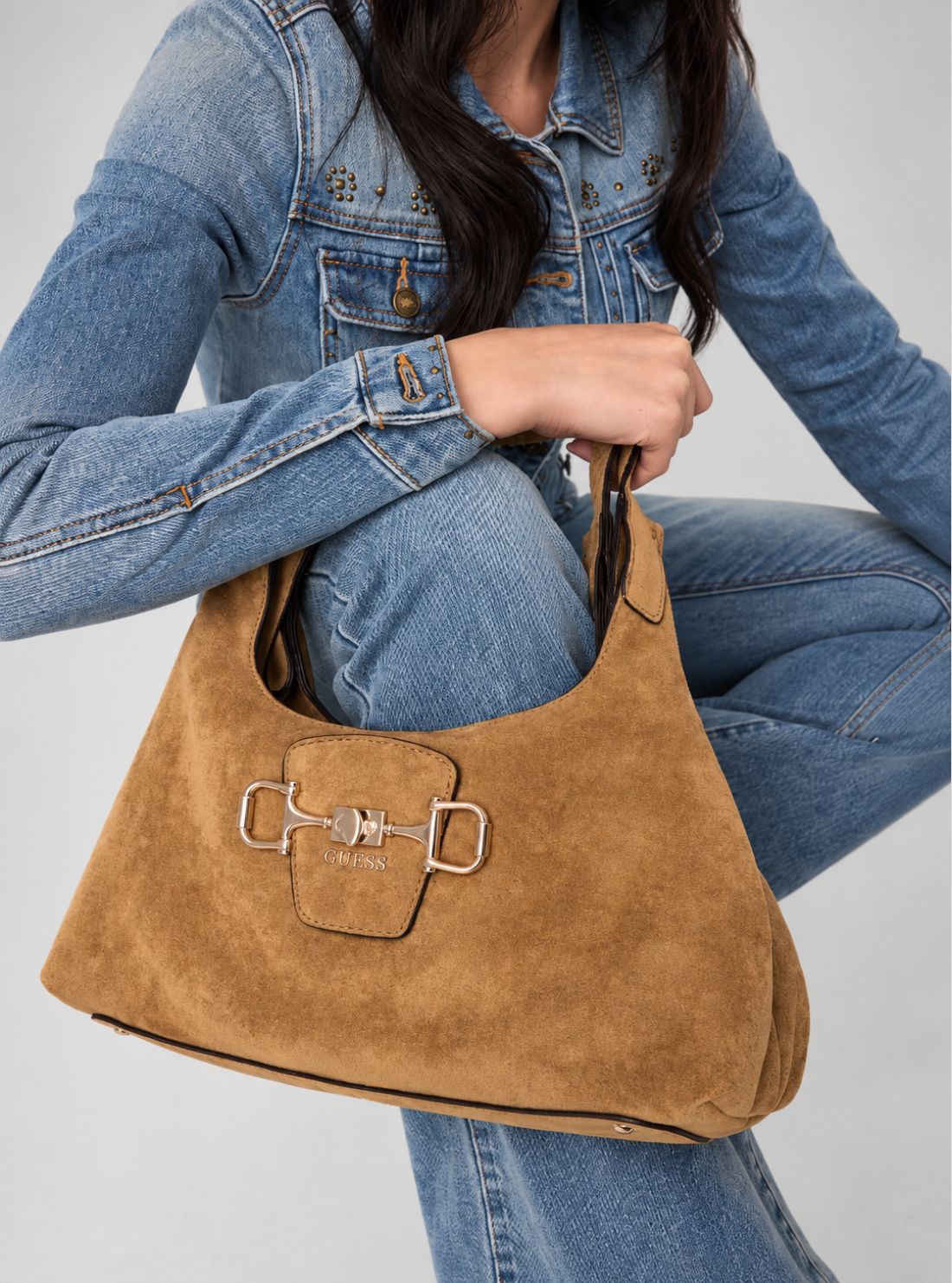 GUESS Womens Tan Sunset Small Hobo Bag SG231401 Model View2