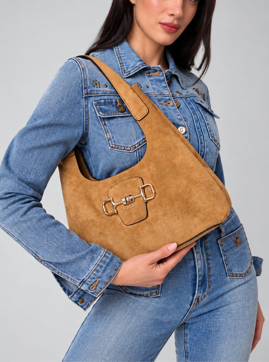 GUESS Womens Tan Sunset Small Hobo Bag SG231401 Model View