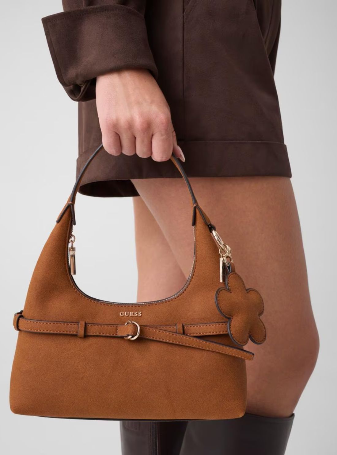 GUESS Womens Brown Taylor Mini Hobo Faux-Suede Bag SG232577 Model View