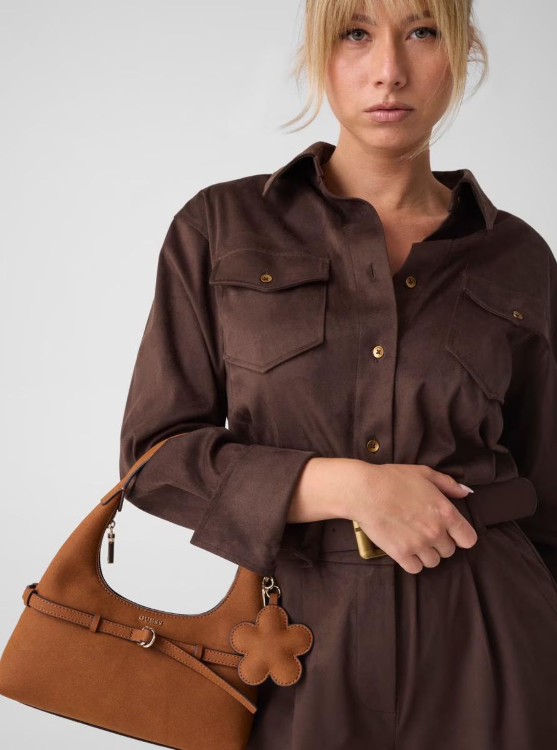GUESS Womens Brown Taylor Mini Hobo Faux-Suede Bag SG232577 Model View2