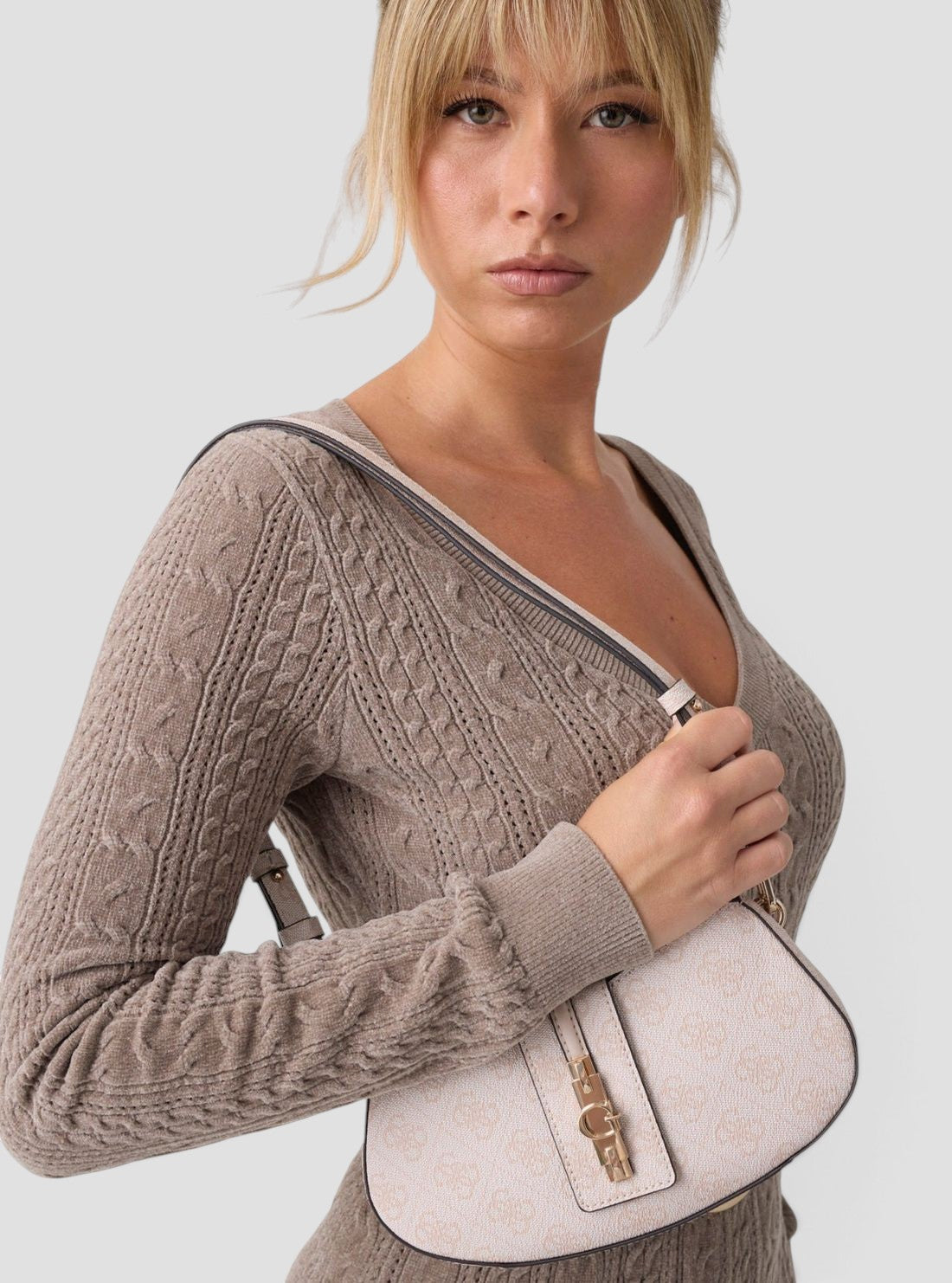 GUESS Womens Stone Logo Yvonne Mini Curved Shoulder Bag SG237873 Model View