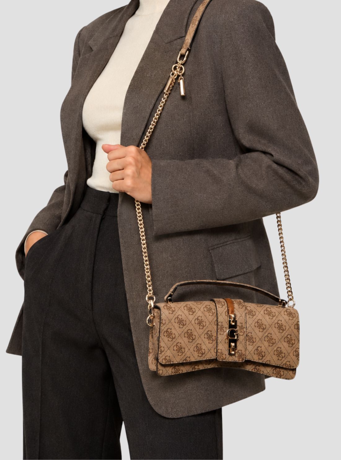 GUESS Womens Brown Logo Yvonne Mini Top Handle Flap Bag SG237878 Model View