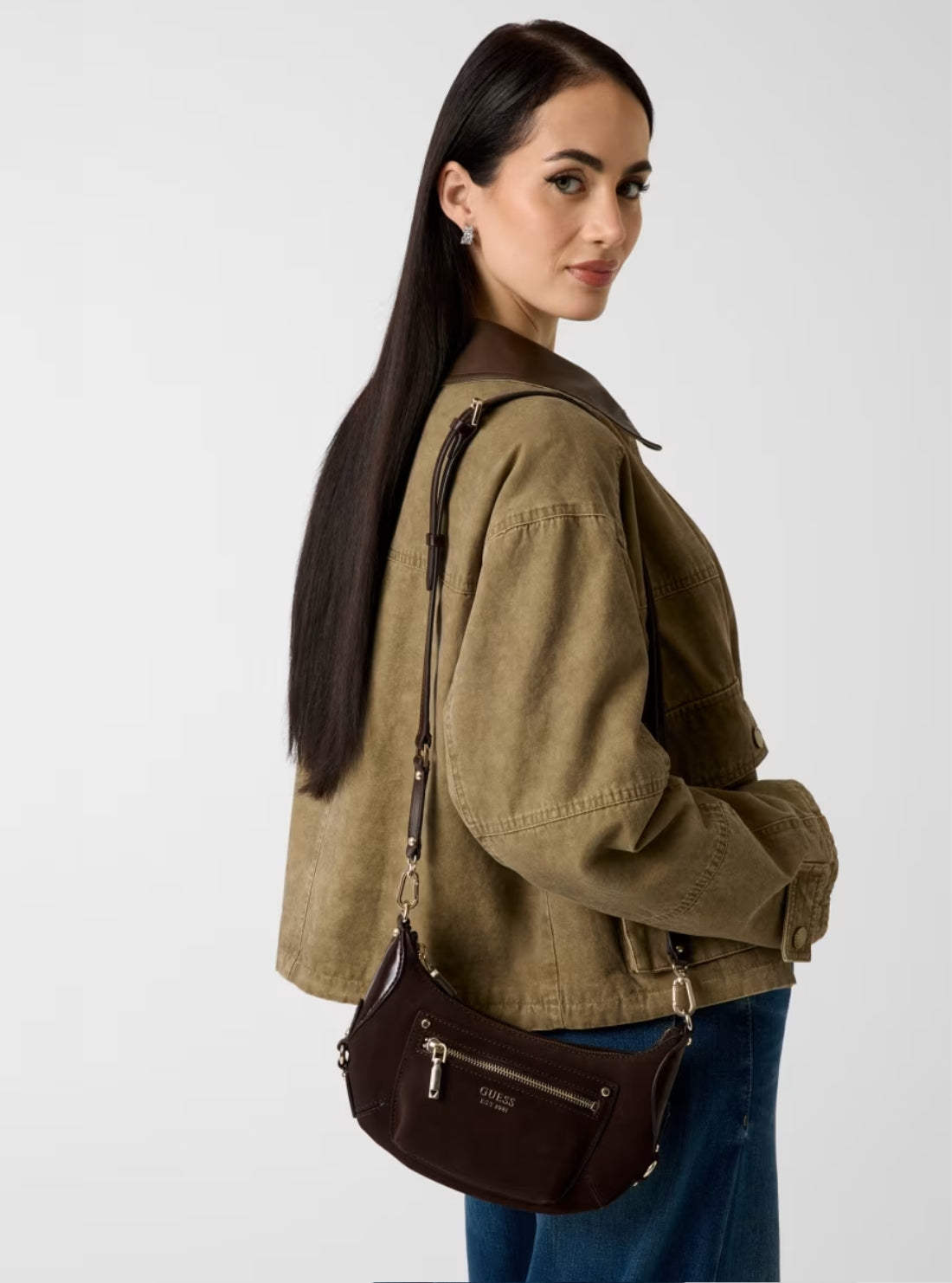 GUESS Womens Brown Marsha Mini Crossbody Bag SG950172 Model View