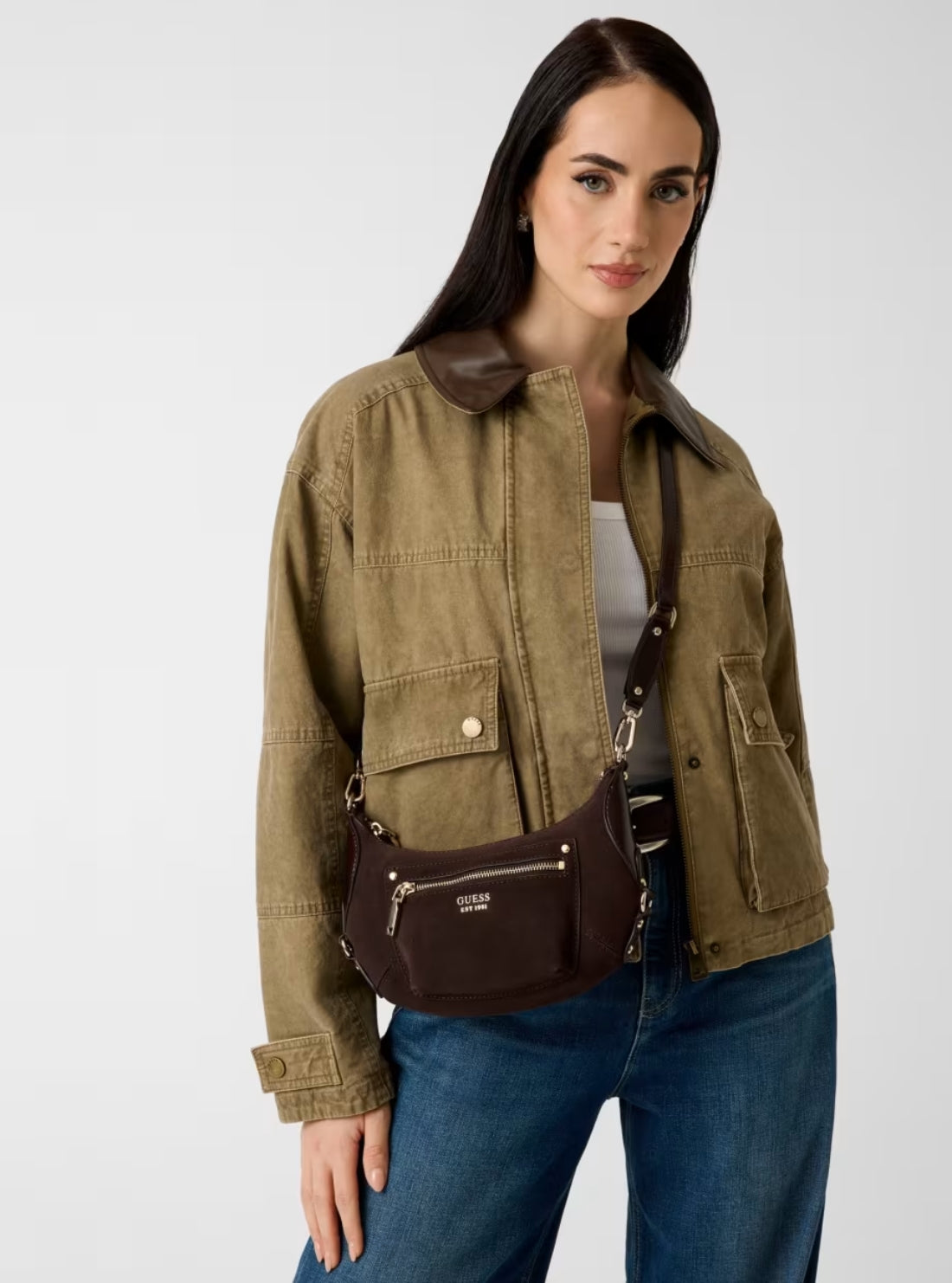 GUESS Womens Brown Marsha Mini Crossbody Bag SG950172 Model View1
