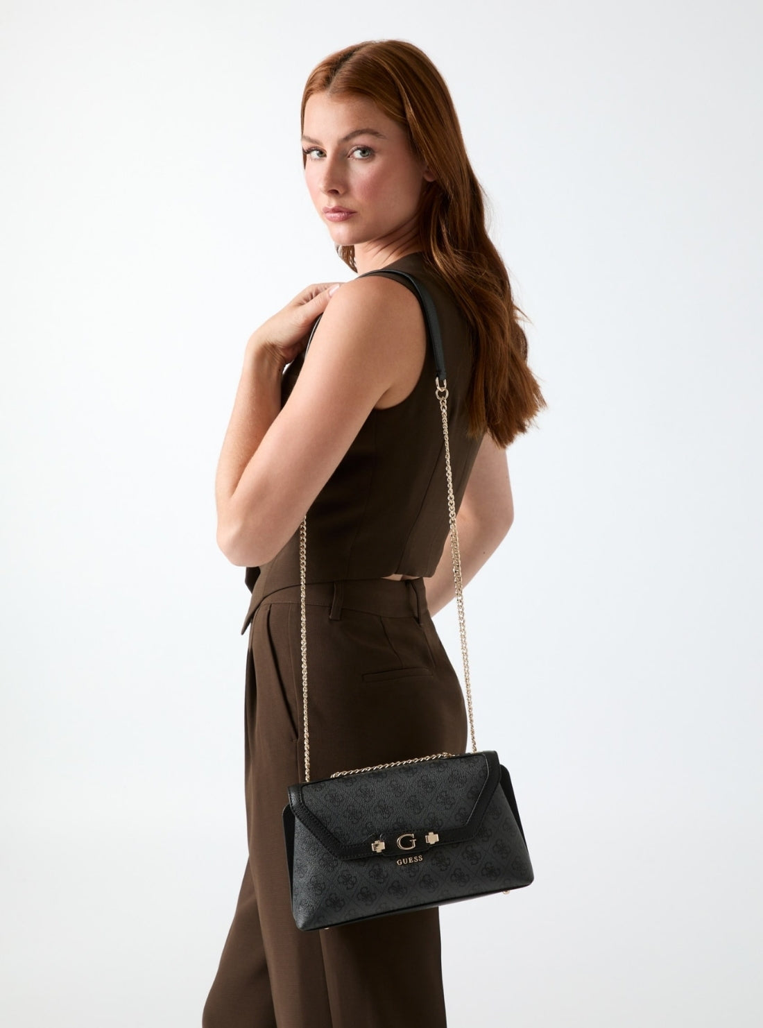 GUESS Womens Black Logo Lindsey Convertible Crossbody Flap Bag SG974921 Model View