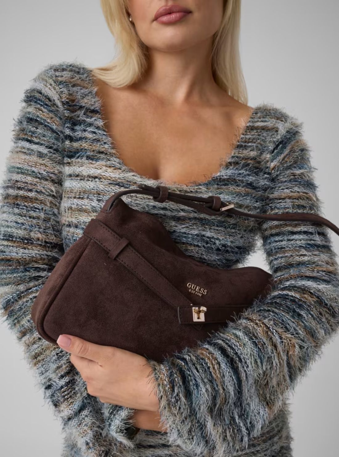 GUESS Womens Espresso Ella Faux-Suede Shoulder Bag SG975418 Model View2