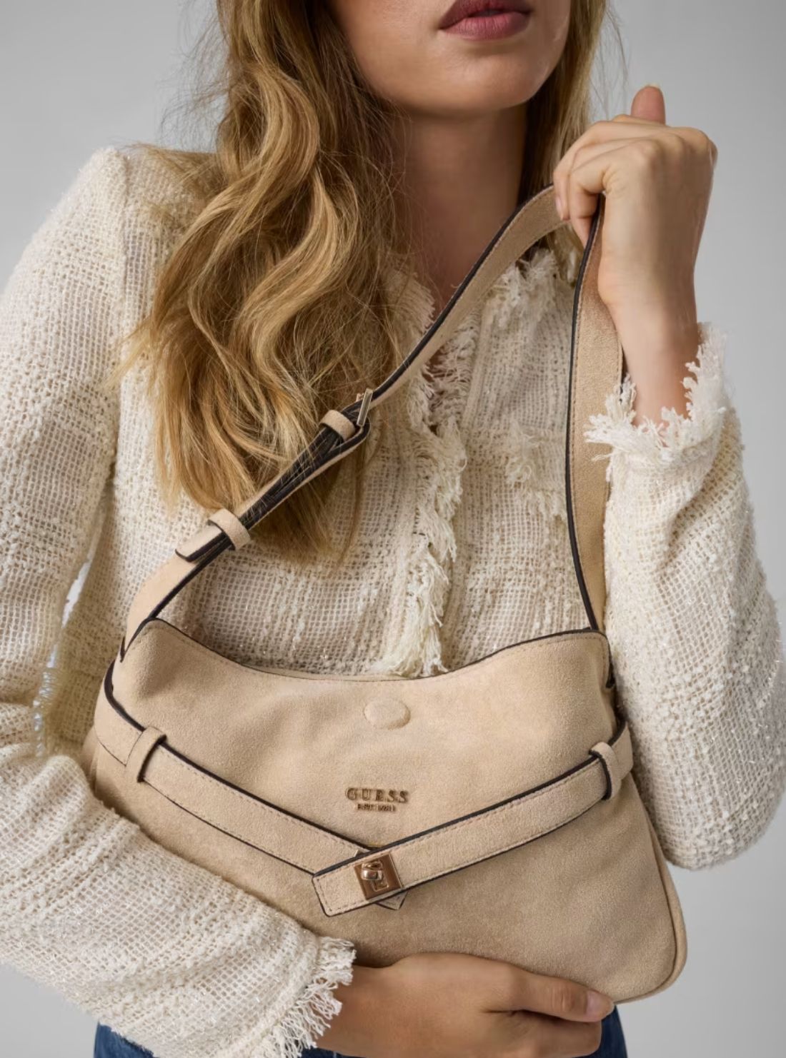 GUESS Womens Taupe Ella Faux-Suede Shoulder Bag SG975418 Model View