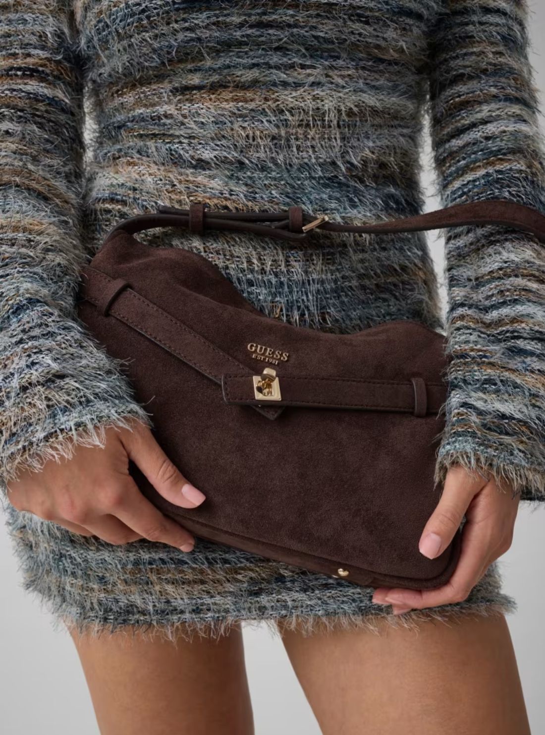 GUESS Womens Espresso Ella Faux-Suede Shoulder Bag SG975418 Model View