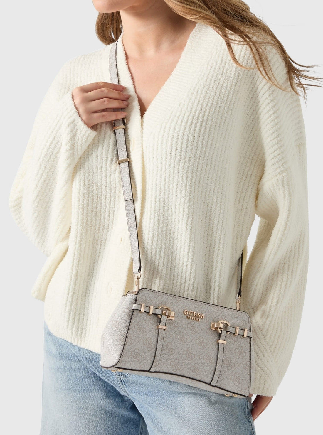 GUESS Womens White Logo Leona Girlfriend Crossbody Bag SG991712 Model View