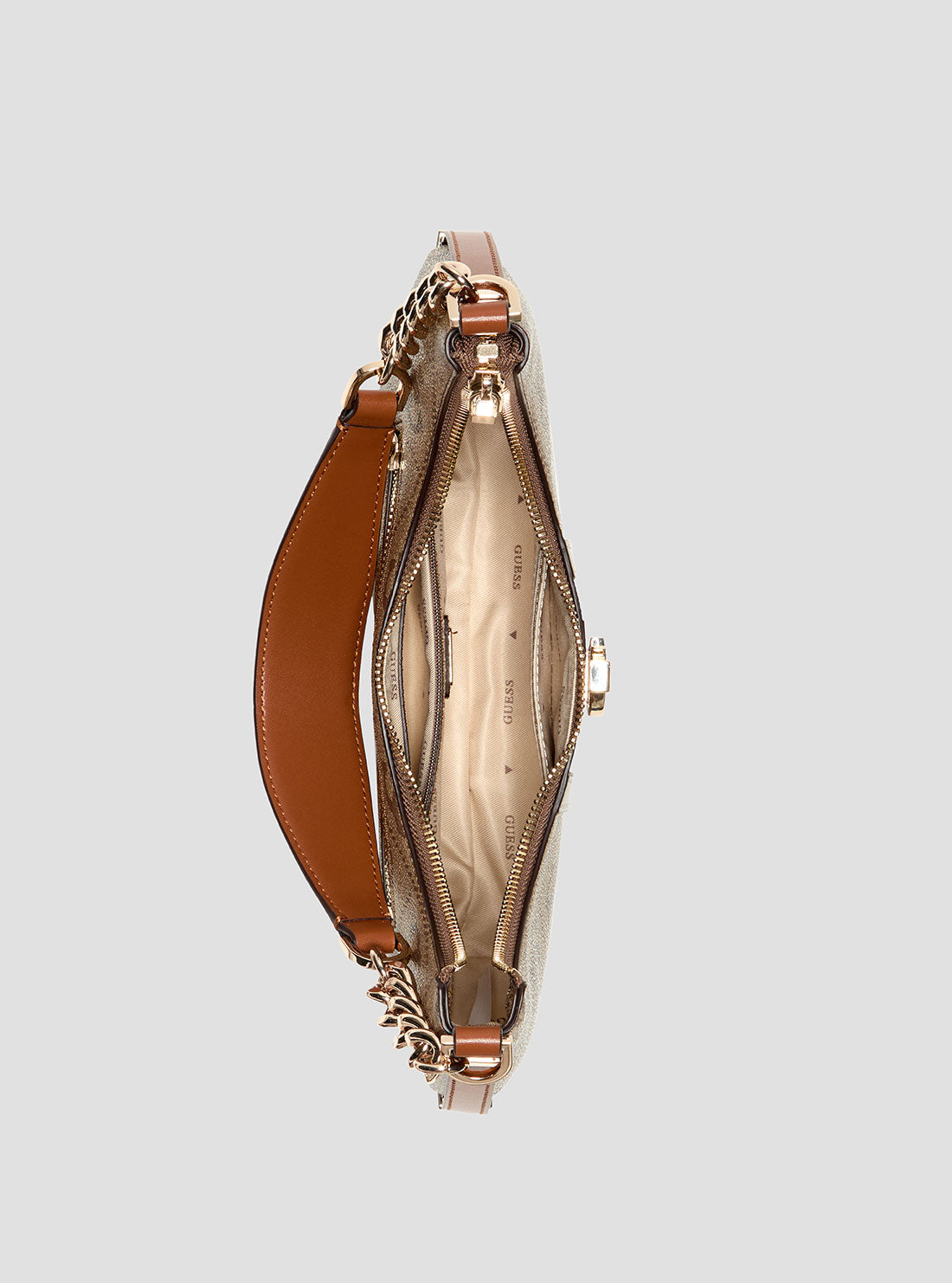 GUESS Womens Brown Logo Erenia Top Zip Shoulder Bag SO783818 Inside View