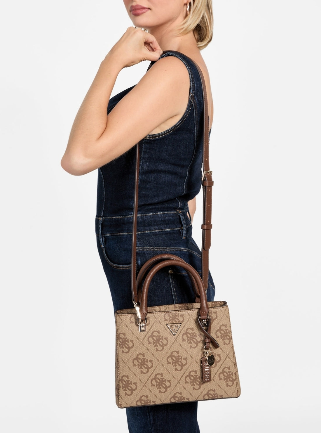 GUESS Womens Brown Logo Noelle Small Compartment Satchel Bag SO967205 Model View