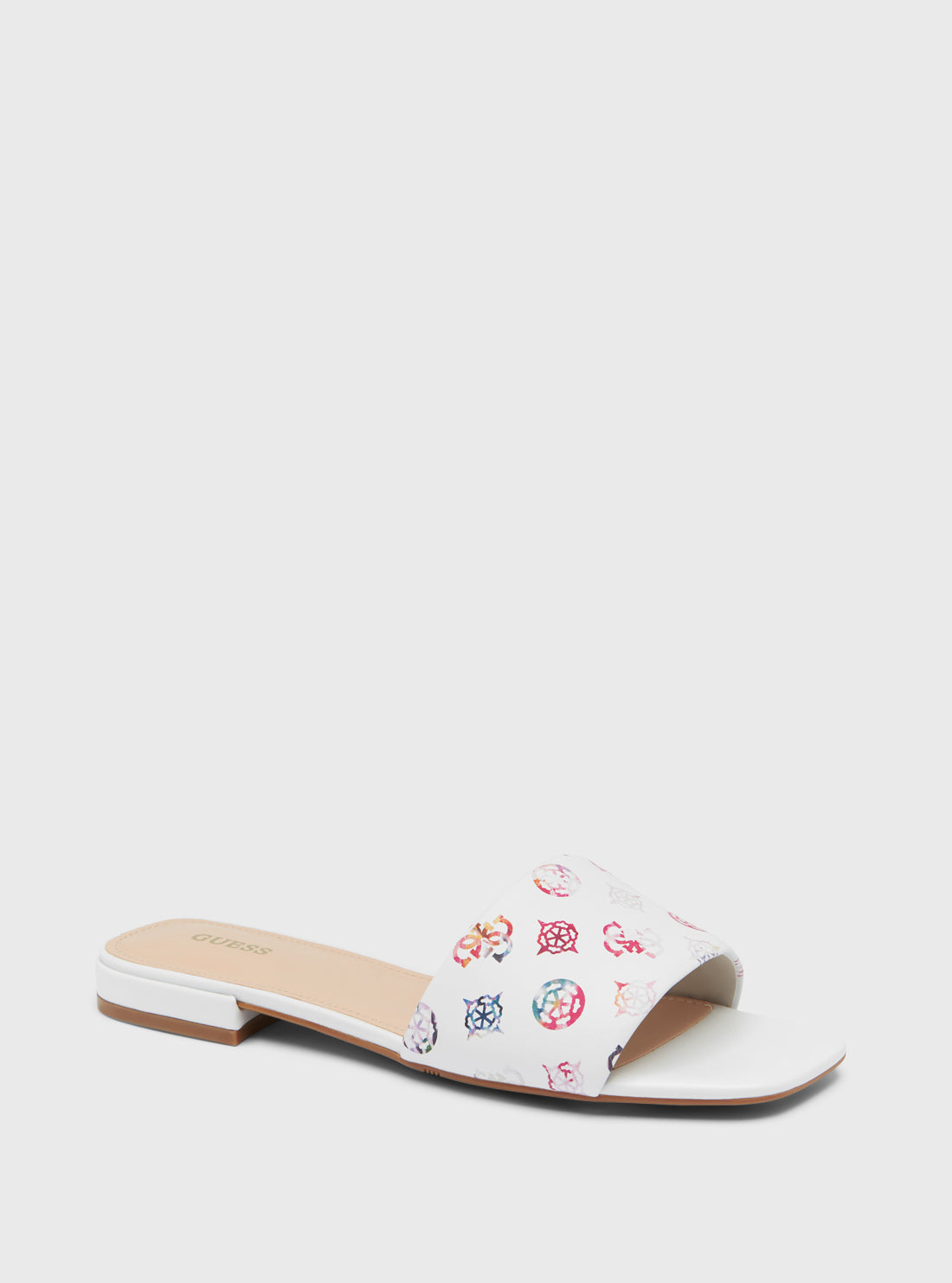 White Multi Logo Task Slides | GUESS Women's Shoes | front view
