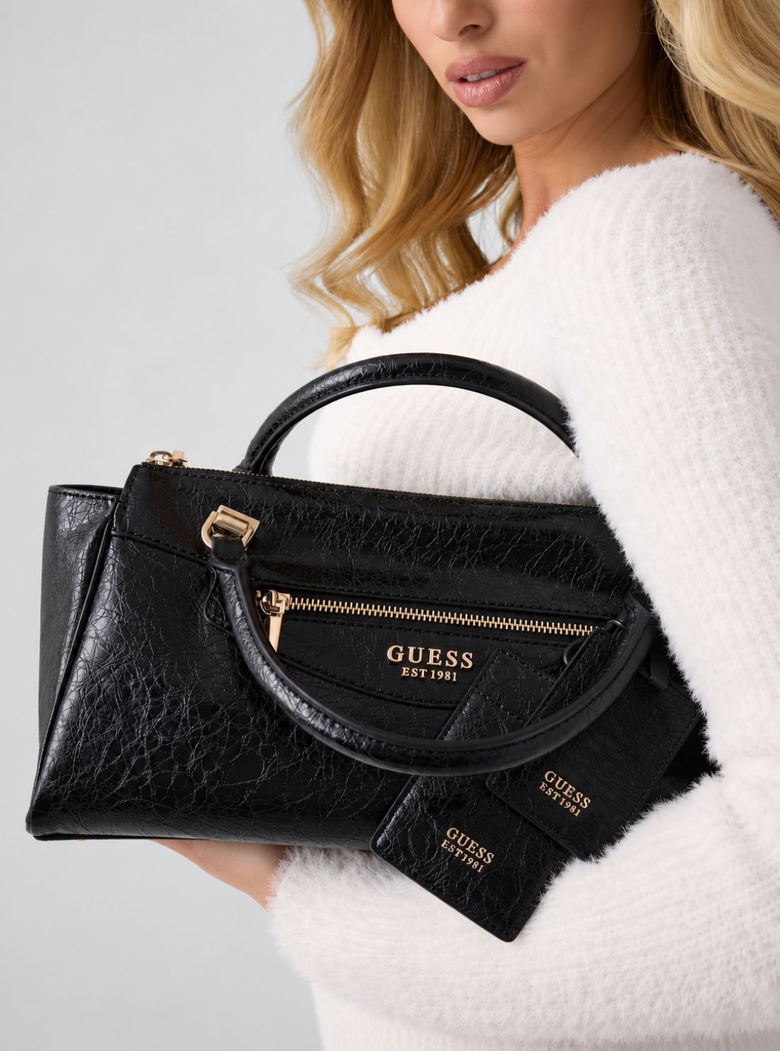 GUESS Womens Black Antonia Small Satchel Bag TG218305 Model View2
