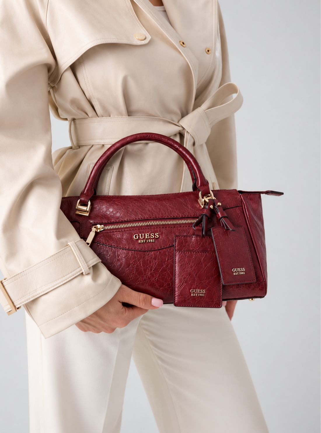 GUESS Womens Red Antonia Small Satchel Bag TG218305 Model View2