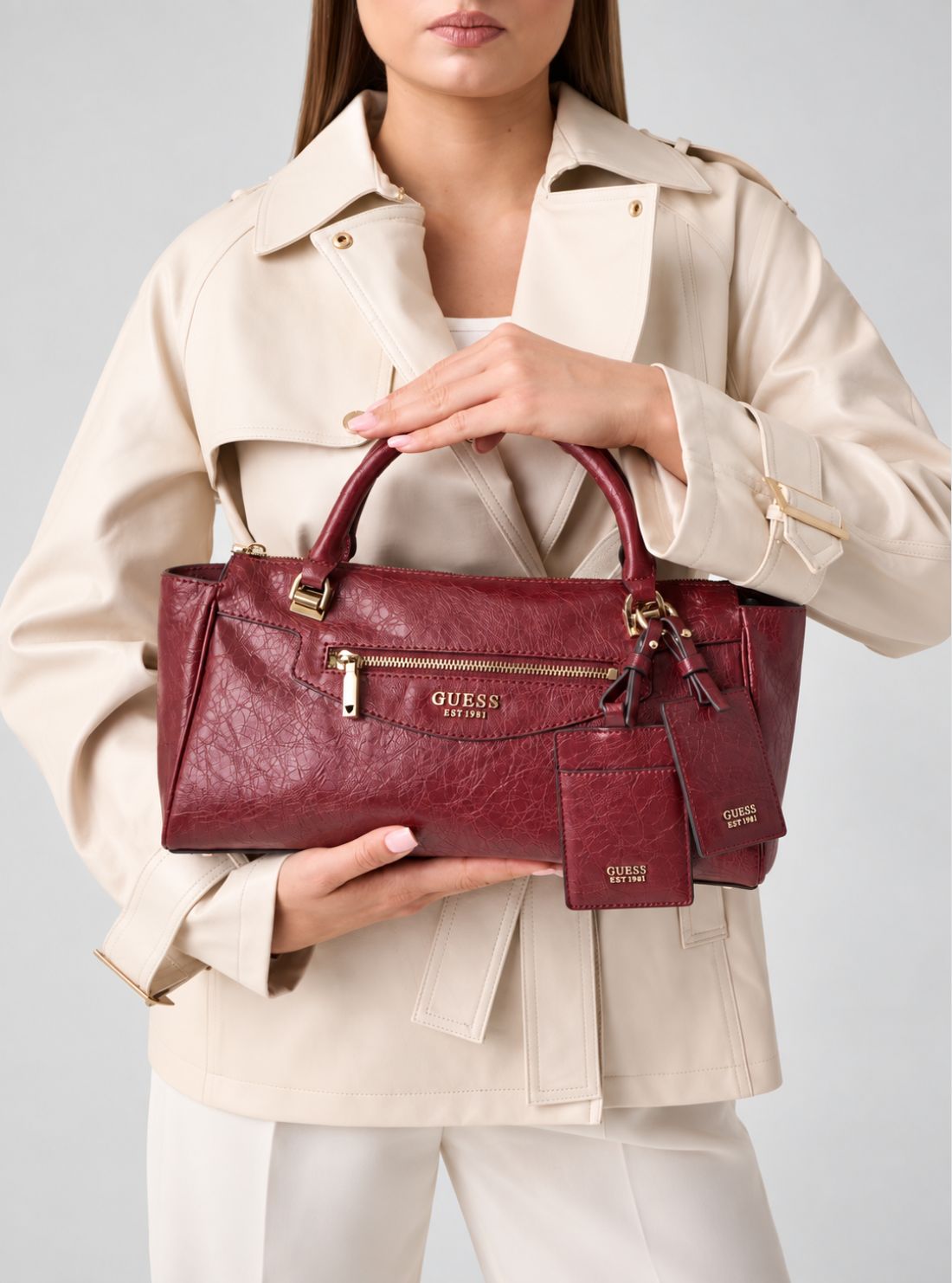 GUESS Womens Red Antonia Small Satchel Bag TG218305 Model View3