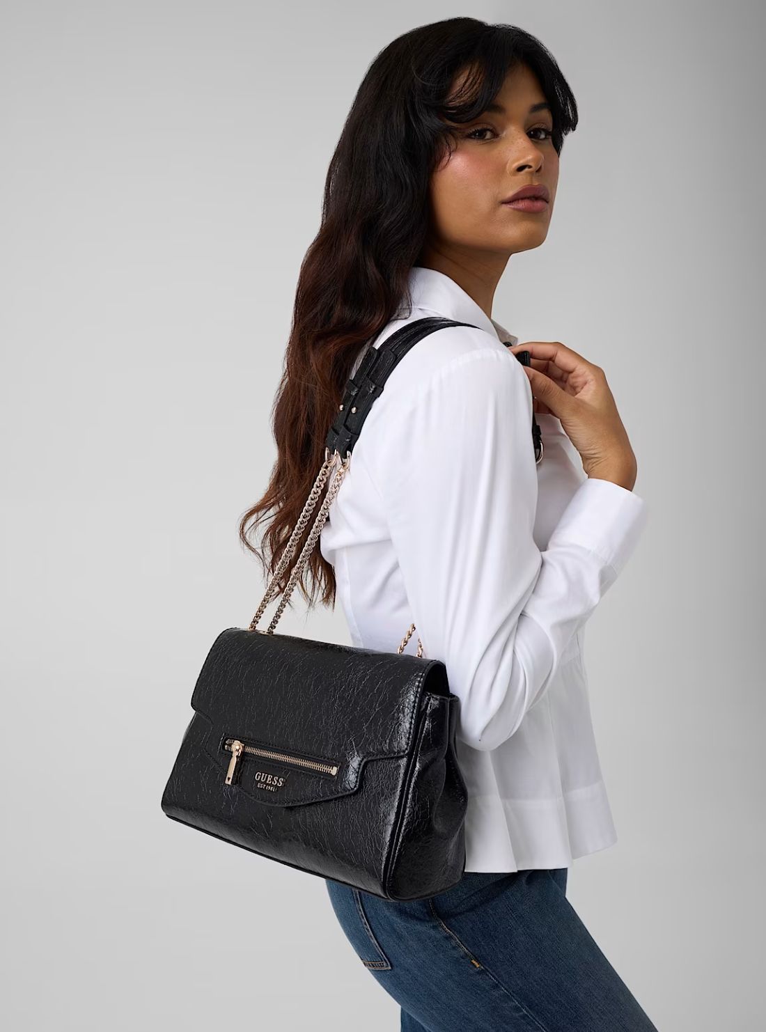 GUESS Womens Black Antonia Convertible Crossbody Flap Bag TG218321 Model View