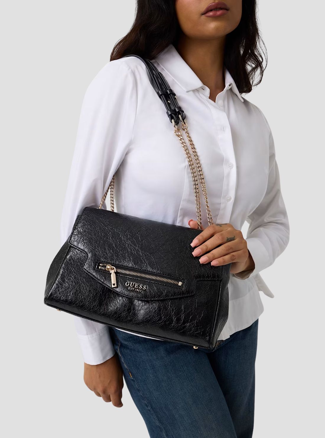 GUESS Womens Black Antonia Convertible Crossbody Flap Bag TG218321 Model View1