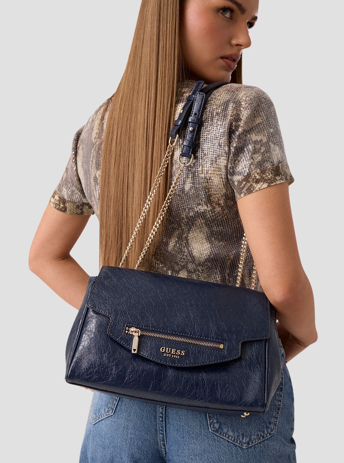 GUESS Womens Midnight Blue Antonia Convertible Crossbody Flap Bag TG218321 Model View