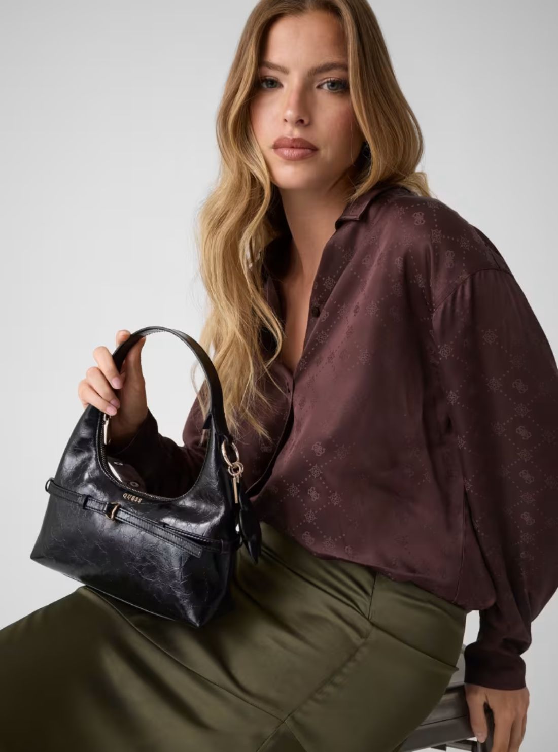 GUESS Womens Black Taylor Mini Hobo Bag TG232577 Model View