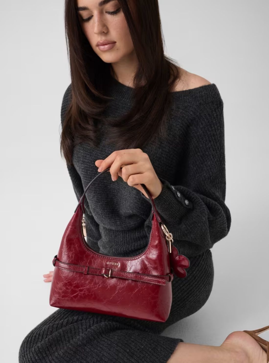GUESS Womens Red Taylor Mini Hobo Bag TG232577 Model View1