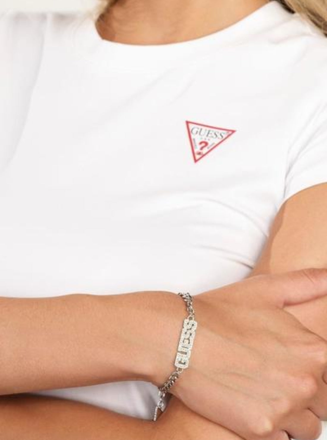 GUESS Accessories Silver Pave Logo Letter Bracelet UBB20035-LSLV Model View