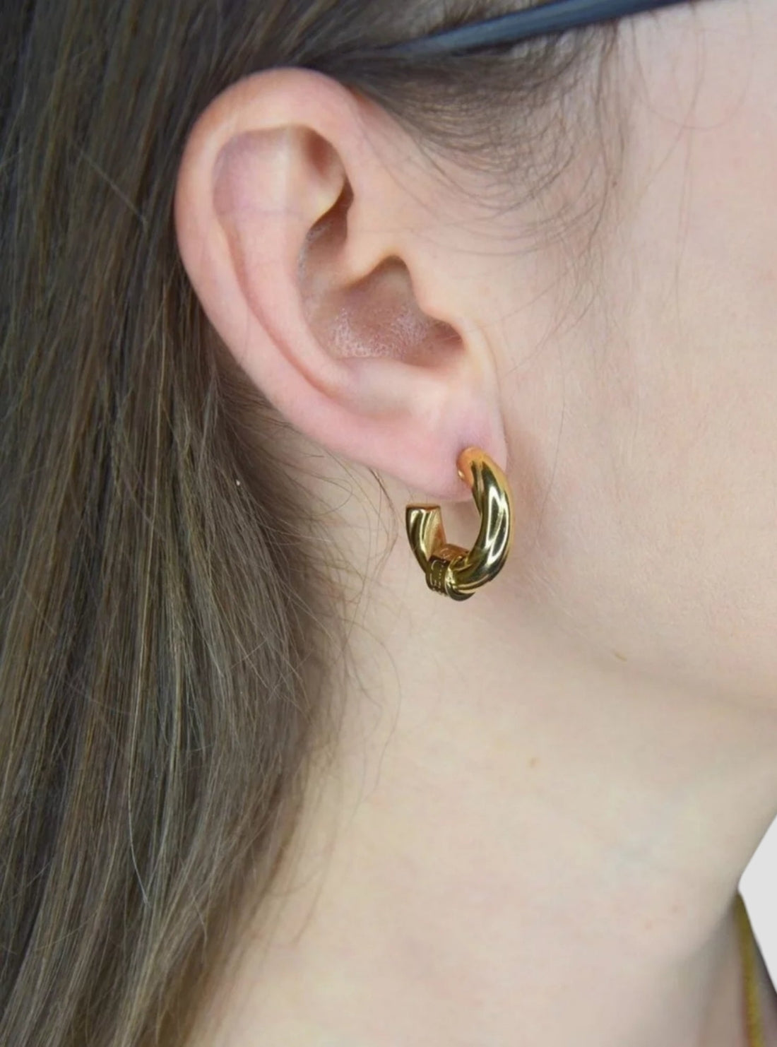 GUESS Accessories Gold Twisted Torchon Hoop Drop Earrings UBE70009GLD Model View