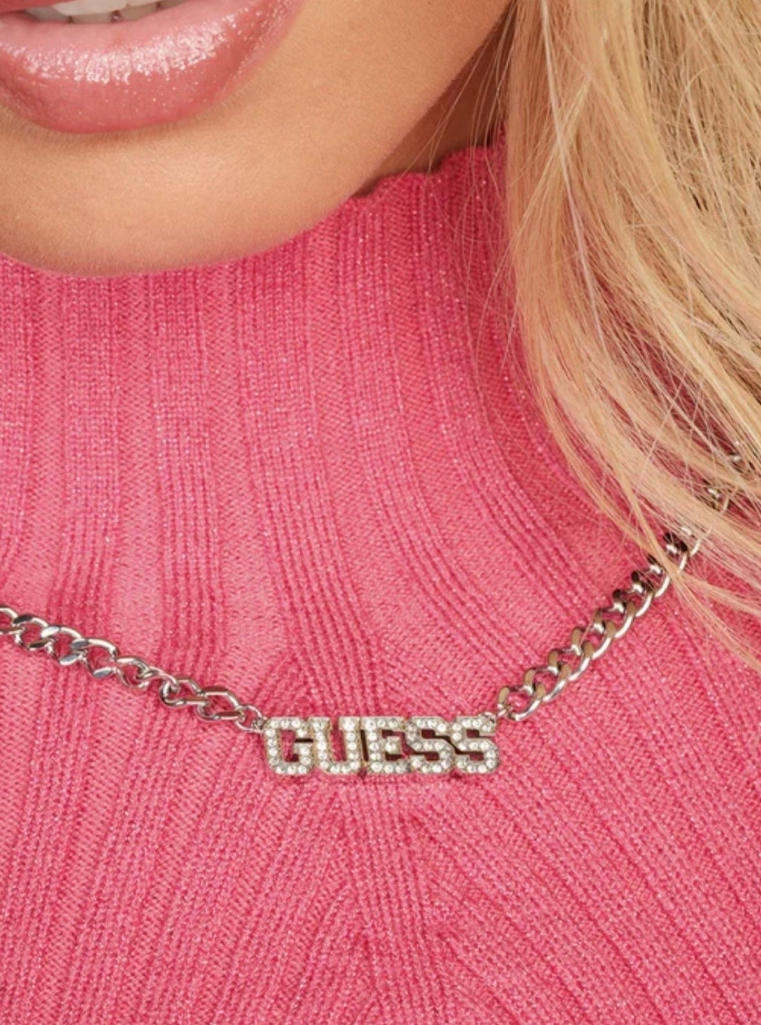 GUESS Womens Silver Pave Bold Logo Necklace UBN20030SLV Model View