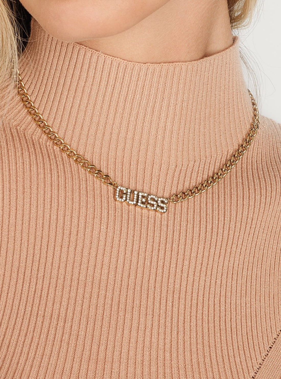 GUESS Womens Gold Pave GUESS Logo Necklace UBN20031GLD Model View