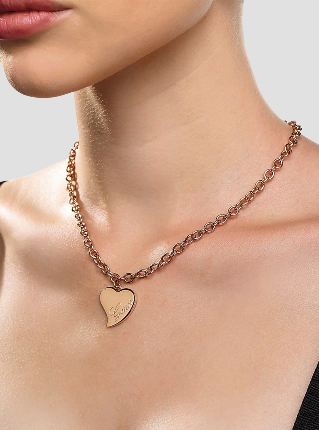 GUESS Accessories Rose-Gold Love Heart Necklace UBN28061ROSEGOLD Model View