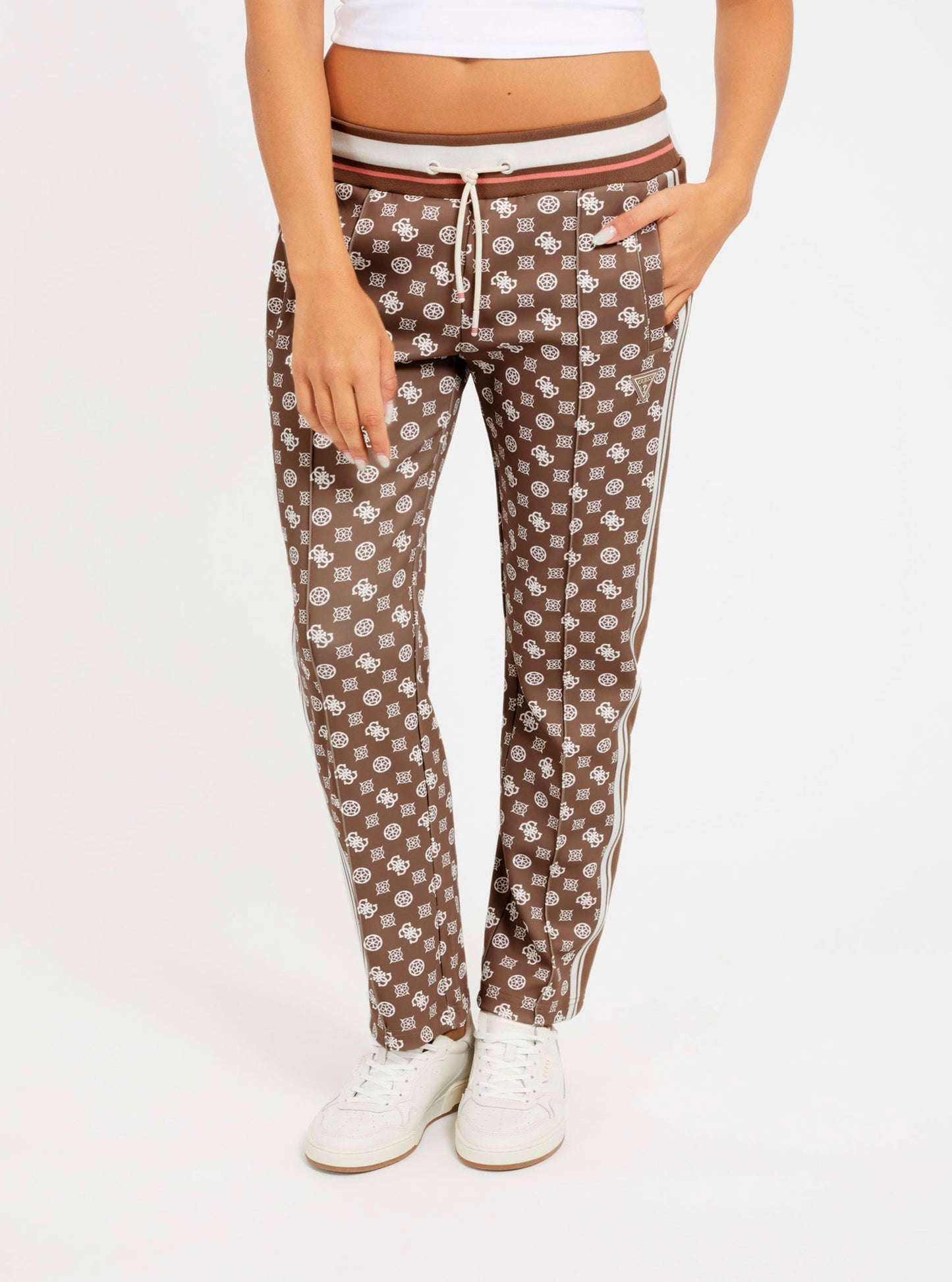 Brown Logo Active Pants | GUESS Women's | front view