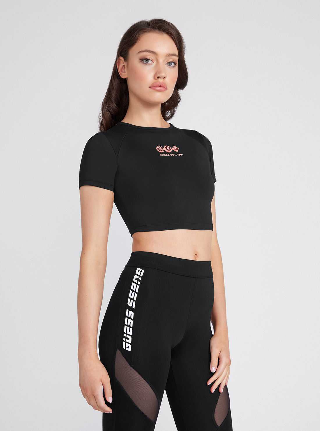 Black Aggie Active Crop T-Shirt | GUESS Women's Activewear | front view alt