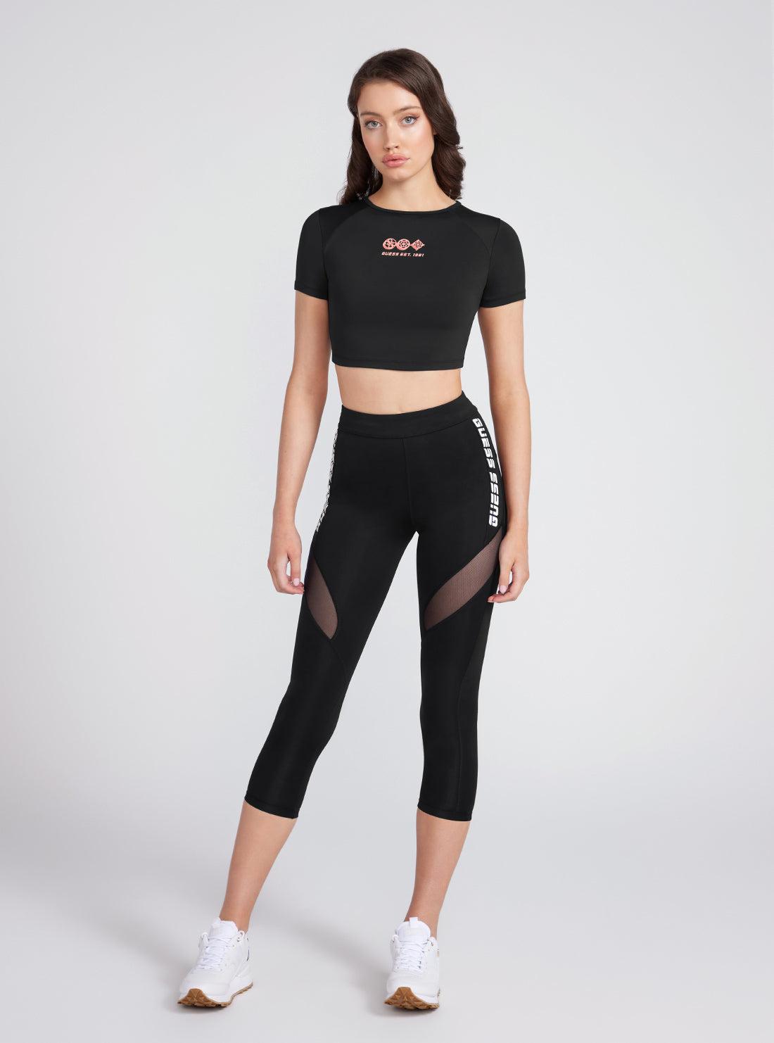 Black Aggie Active Crop T-Shirt | GUESS Women's Activewear | full view