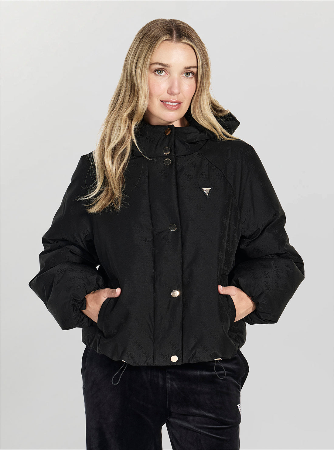 GUESS Womens Eco Black 4G Boxy Puffer Active Jacket V5BL07WGLW2 Front View