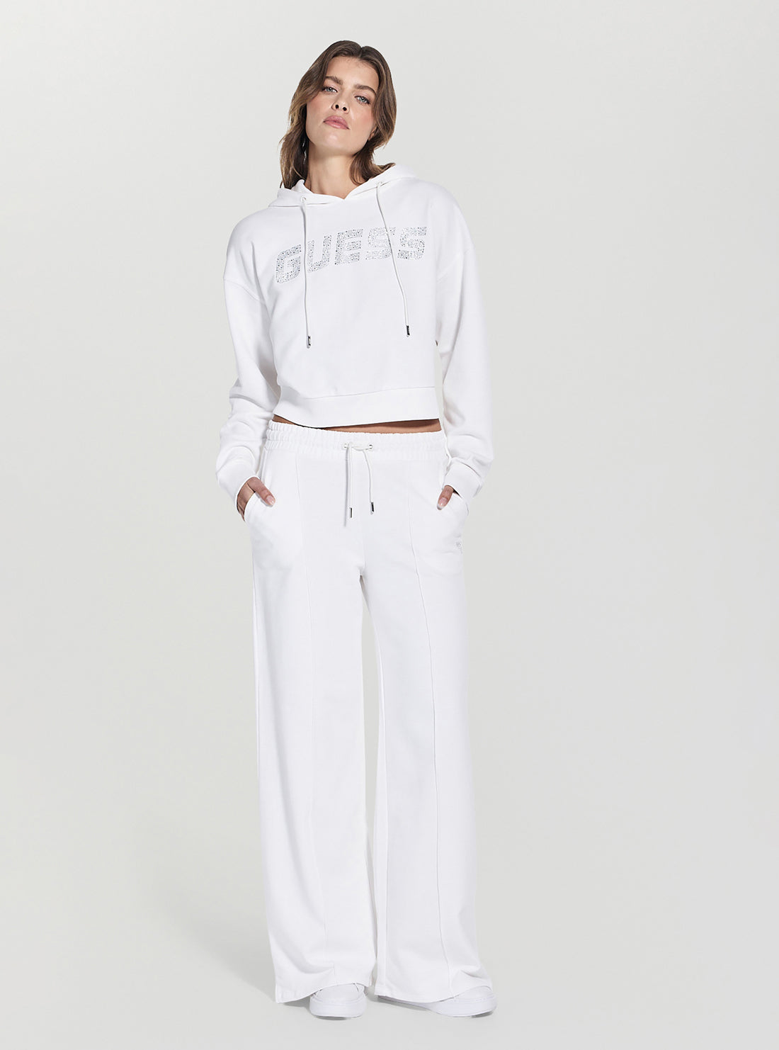 GUESS Womens White Primula Rhinestones Wide Leg Pants V5GB07KCRP0 Full View