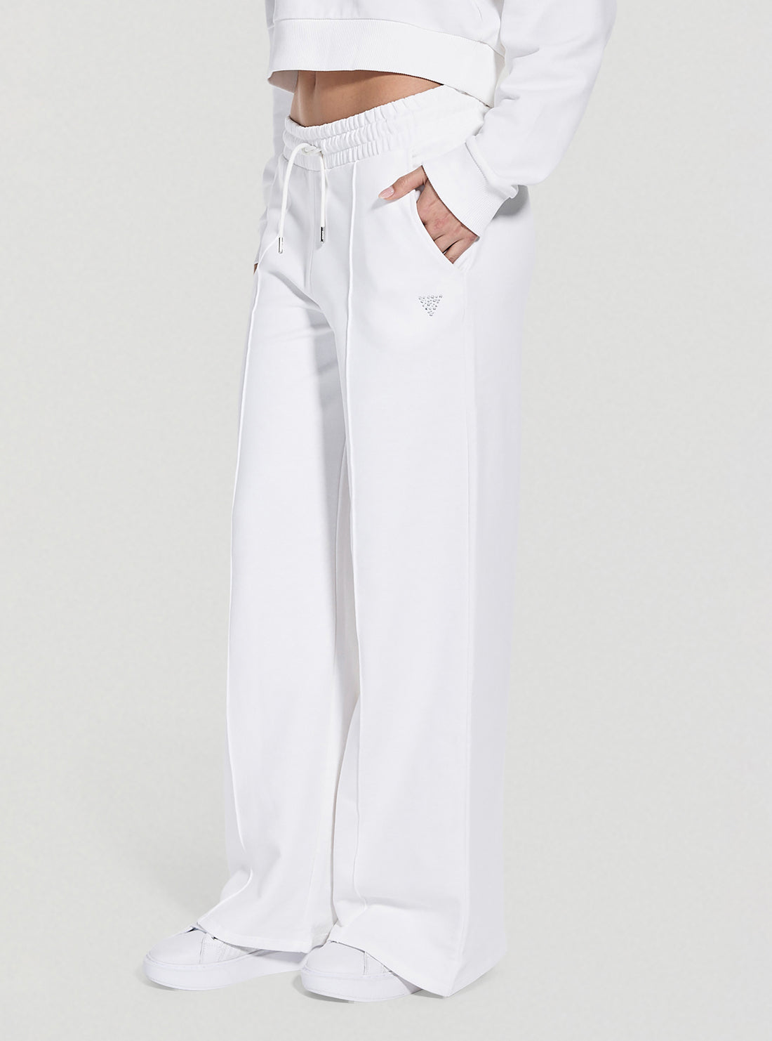 GUESS Womens White Primula Rhinestones Wide Leg Pants V5GB07KCRP0 Front Side View